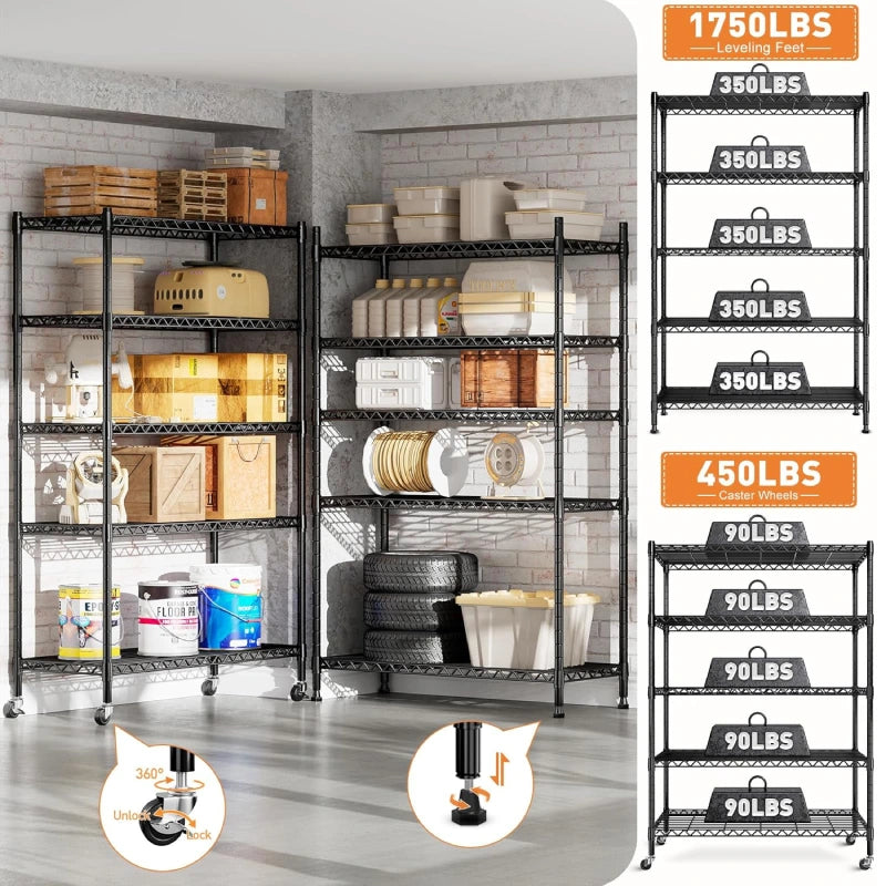 Reibii 5-Tier Wire Shelving Units, Metal Storage Shelves with Wheels,