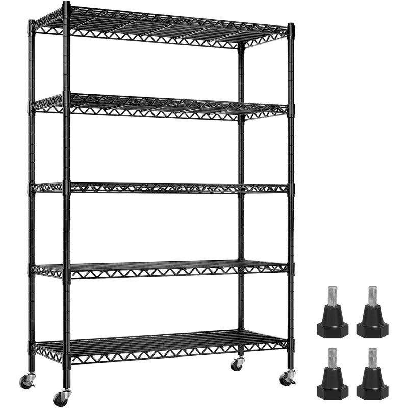 Reibii 5-Tier Wire Shelving Units, Metal Storage Shelves with Wheels,