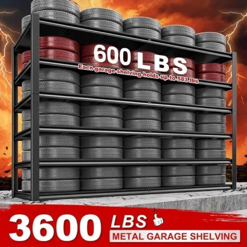 3600 lbs capacity heavy duty garage shelving unit supports heavy storage bins, power tools, and equipment while keeping your garage organized.