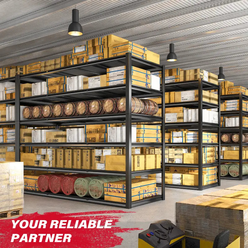 Industrial warehouse shelving system designed for heavy storage applications, providing durable organization for warehouses, workshops, and businesses.