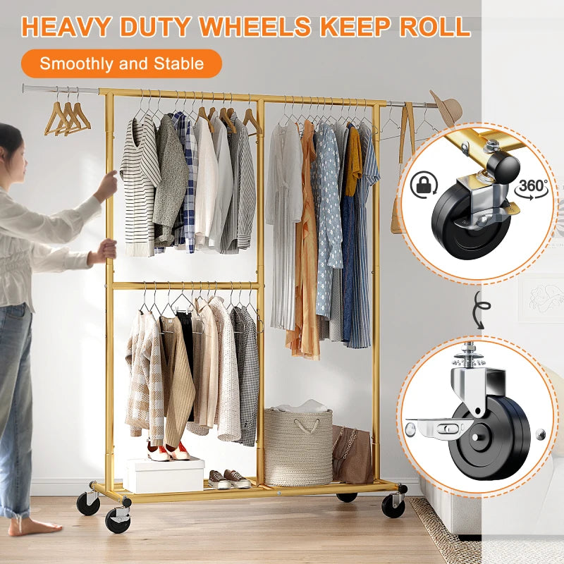  Simple Trending Double Rod Clothing Garment Rack, Rolling  Clothes Organizer on Wheels for Hanging Clothes, Chrome : Home & Kitchen
