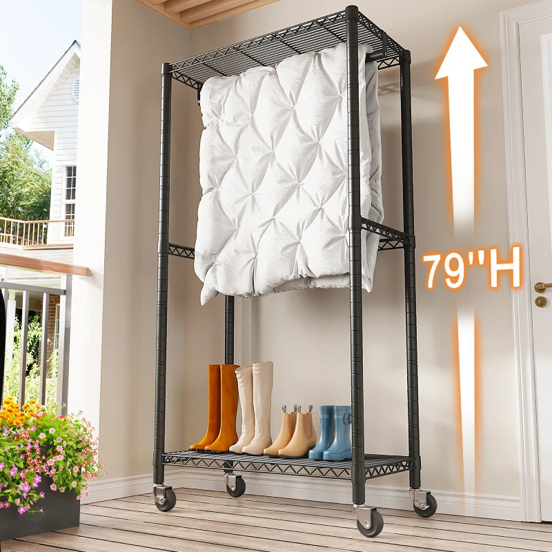 Raybee Rolling Clothes Rack, Freestanding & Portable Closet Organizer for Bedroom
