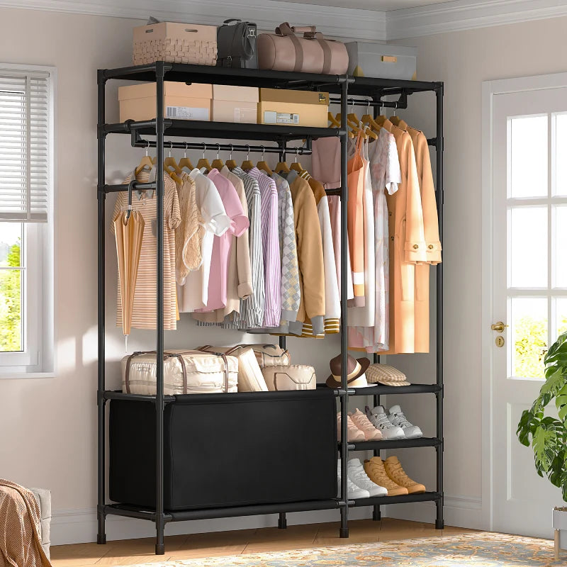 Raybee black clothes rack with shelves