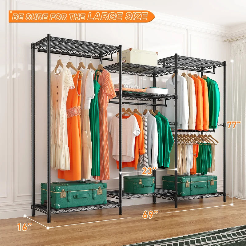 Raybee 69" W x 16"D x 77"H large heavy-duty garment rack with wire shelves perfect for  hanging maxi and suits
