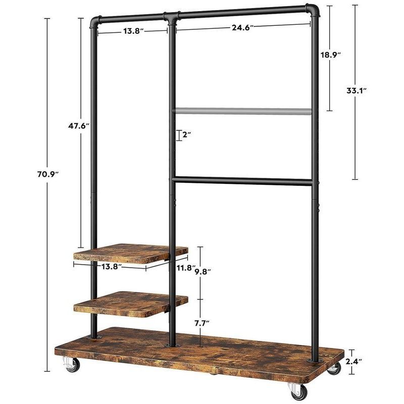 metal dress rack Raybee Industrial Pipe Clothes Rack On Wheels, Portable Metal Garment Rack With Wooden Shelves