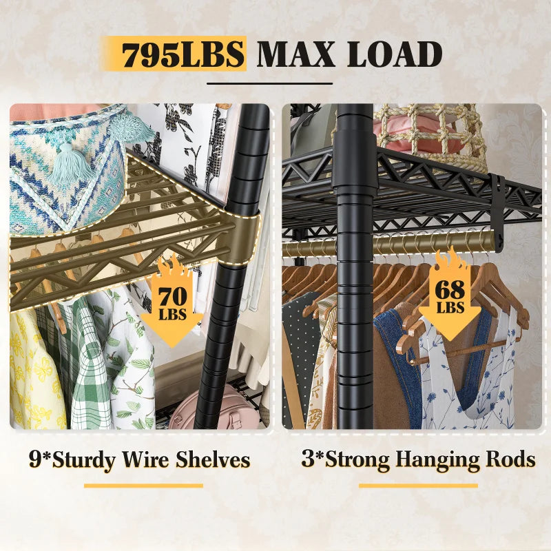 Raybee freestanding clothes rack comes with 9 sturdy wire shelves & 3 strong hanging rods