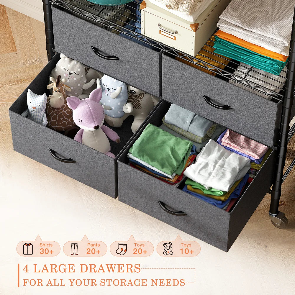 With 4 large fabric drawers helps you easily organize your clothes, pants, tools and underwear