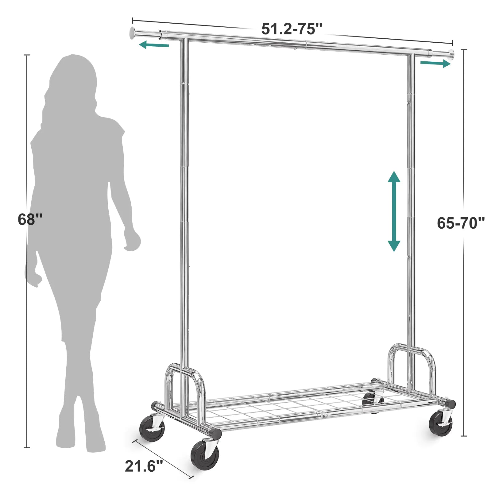 75"L x 21.6"W x 70"H retractable clothes rack with wheels makes more convenience