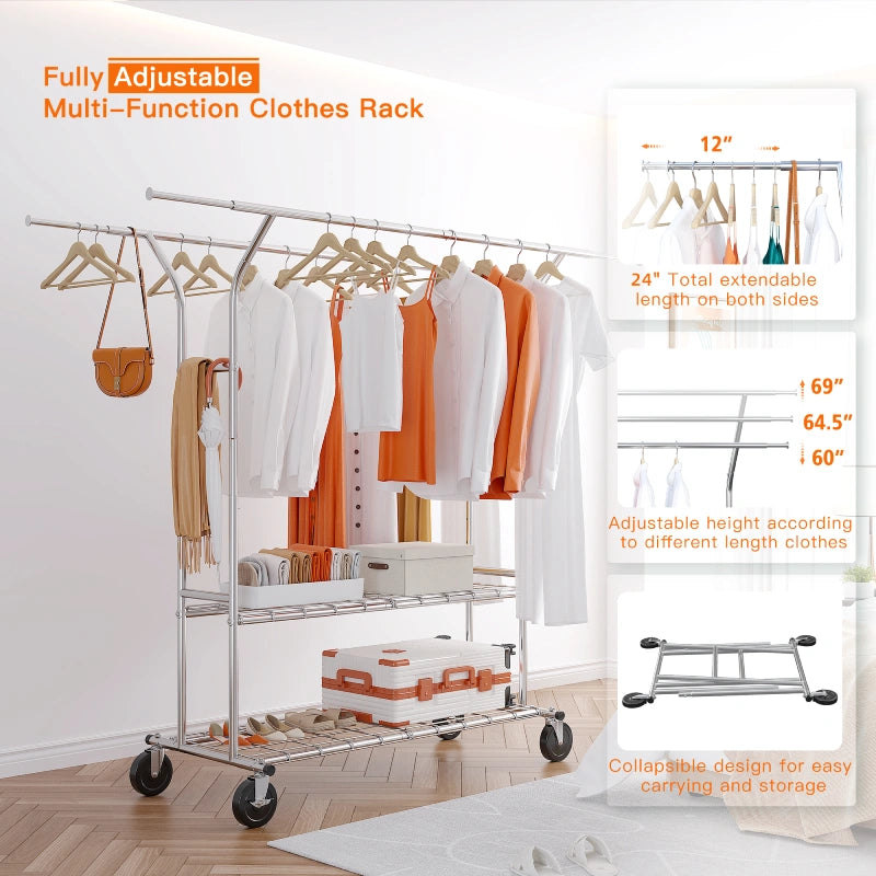 Raybee metal garment rack with adjustable hanging rods for extra space