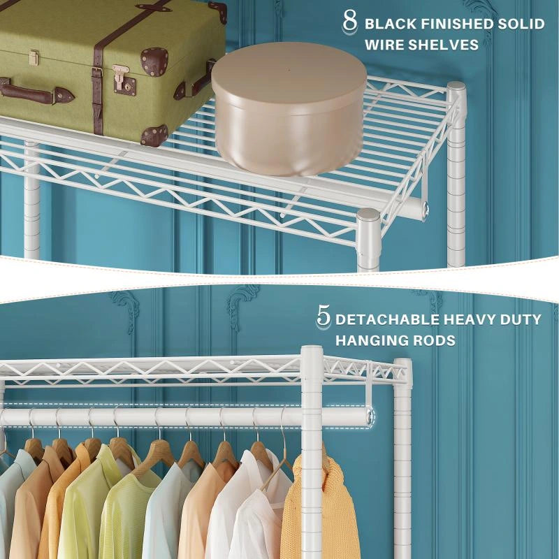 Raybee 800 Lbs Heavy Duty White Clothing Rack With Adjustable Shelves & Hanging Rods For Hanging Long Dresses