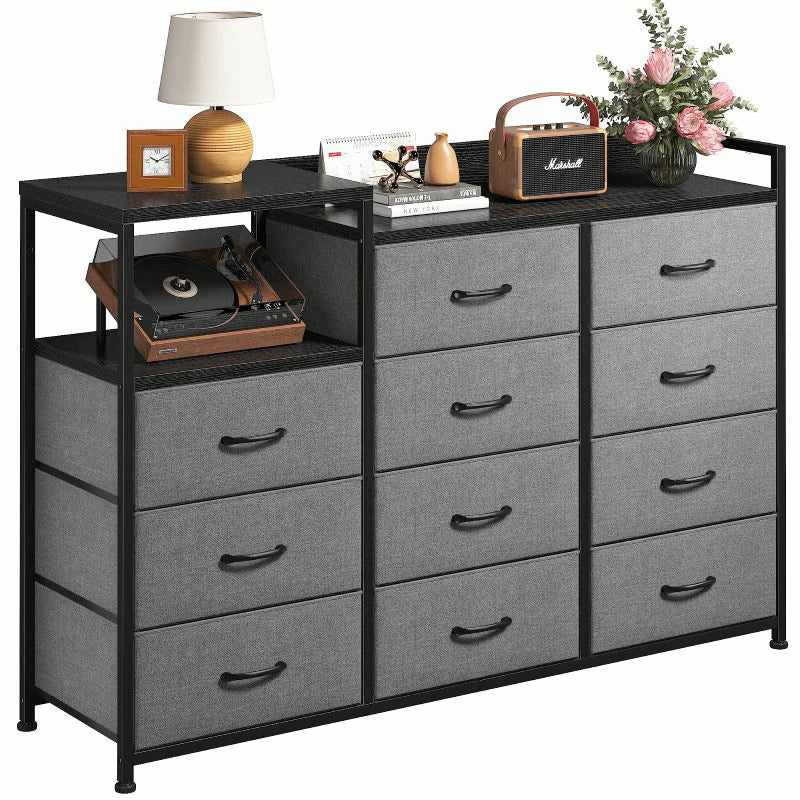 Dresser with Drawers,Fabric & Metal Storage Organizer with Wood Top,For Bedroom,Living room, Grey