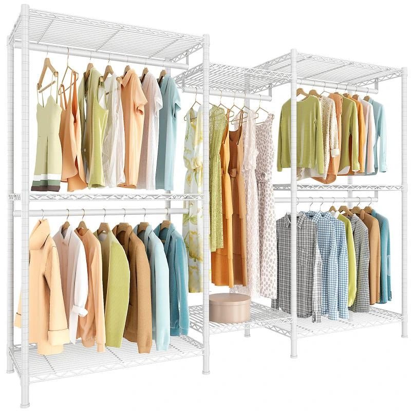 Raybee 800 Lbs Heavy Duty White Clothing Rack With Adjustable Shelves & Hanging Rods For Hanging Long Dresses