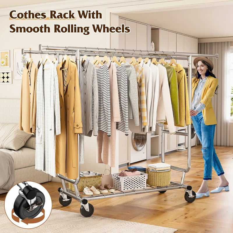 Raybee Commercial Metal Clothing Rack Double Rolling Hanging Clothes Rack Reibii
