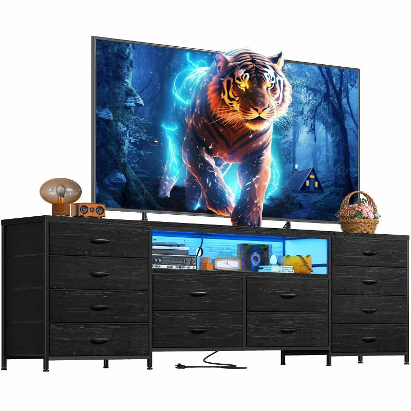 12-drawer TV stand dresser w/ power outlets & LED lights, open shelf, fits 75" TV Modern bedroom media console, Black 12-drawer TV stand dresser w/ power outlets & LED lights, open shelf, fits 75" TV Modern bedroom media console, Black