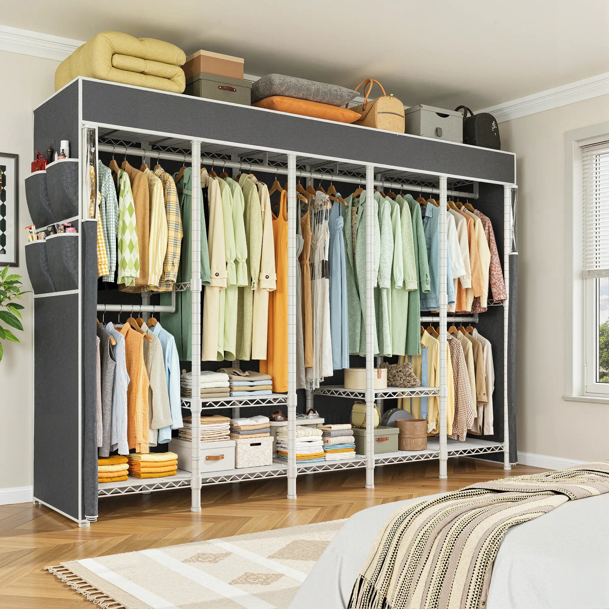 Raybee 90.6"W Heavy Duty Clothes Rack with Cover, 1200lbs Freestanding Garment Rack for Bedroom