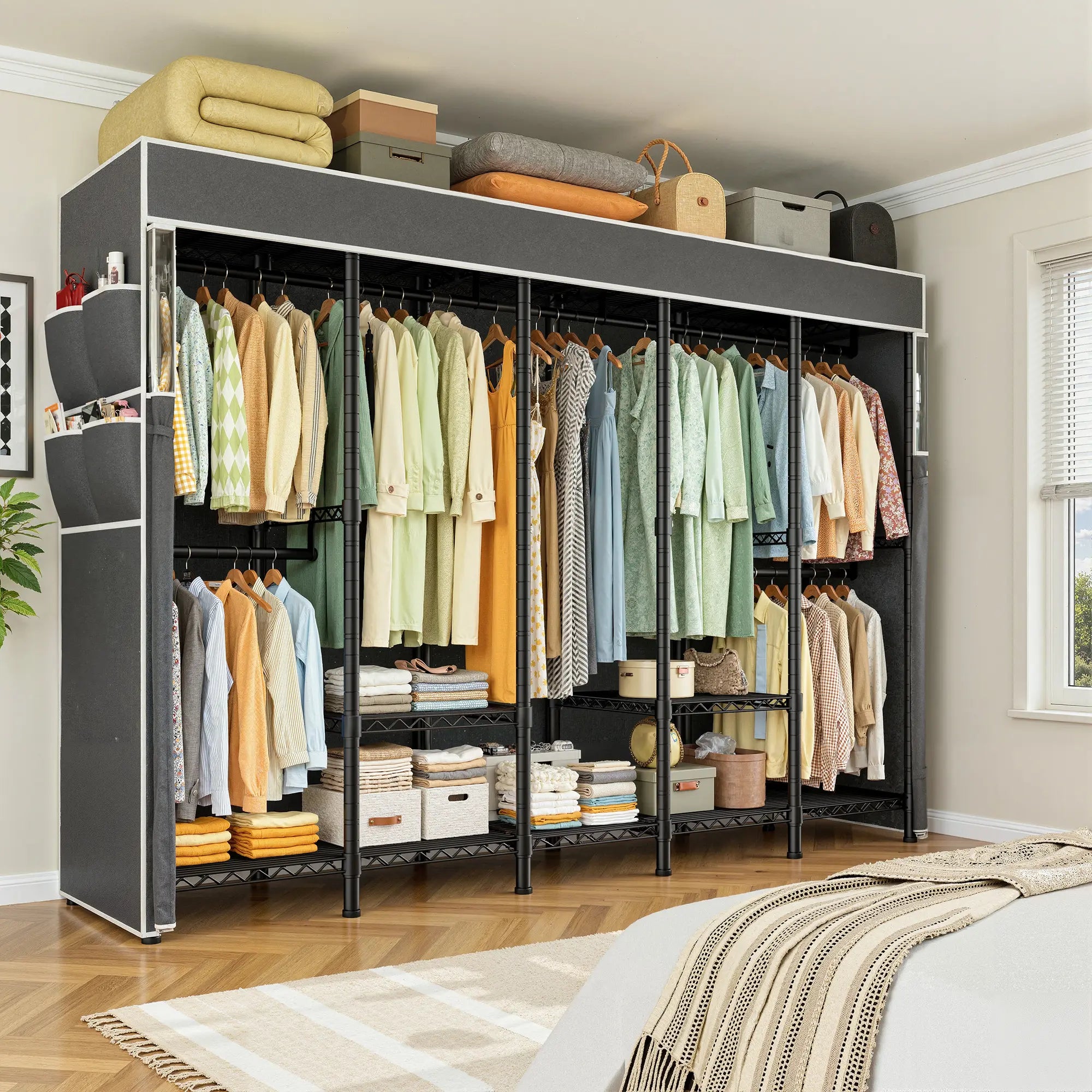 Raybee 90.6"W Heavy Duty Clothes Rack with Cover, 1200lbs Freestanding Garment Rack for Bedroom