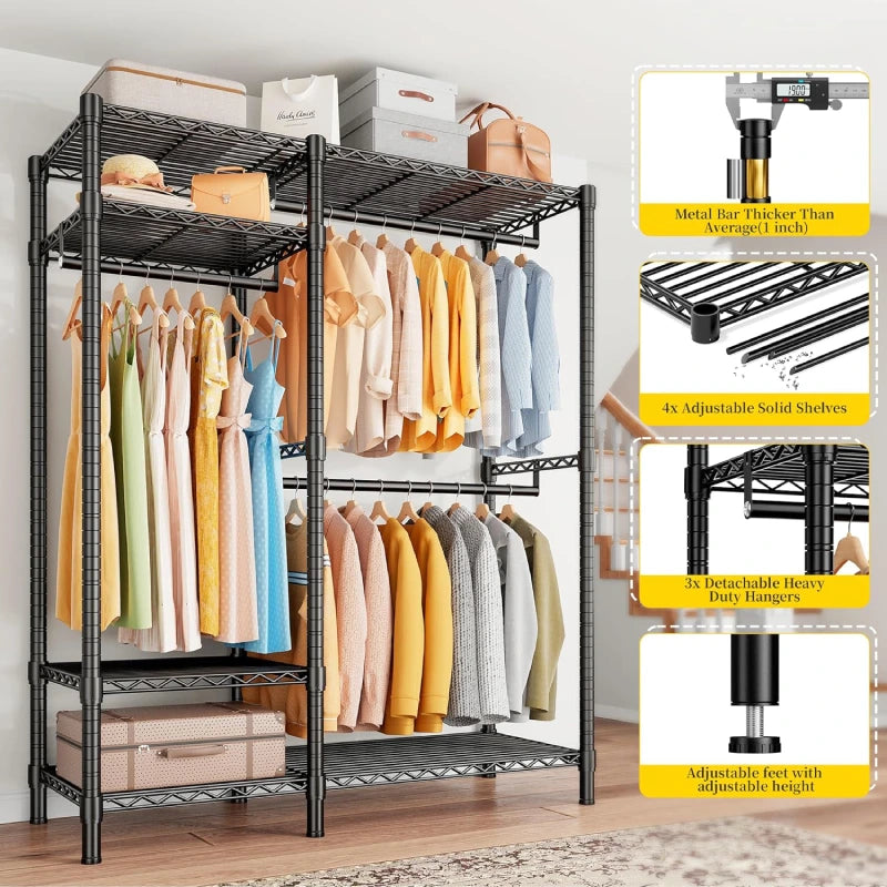 Raybee 775lbs Clothing Rack with Shelves Wire Garment Rack with Wheels Reibii