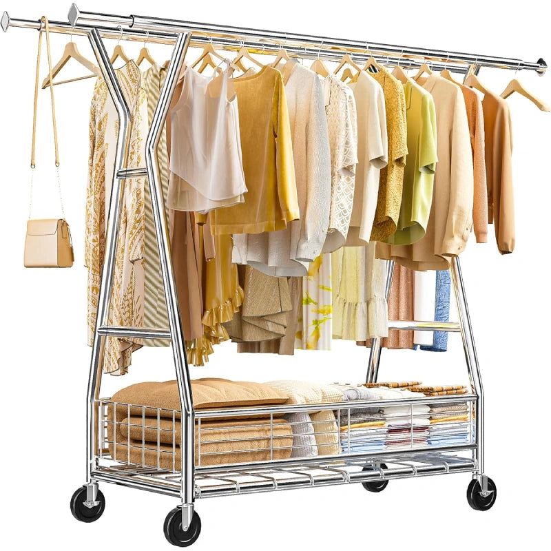 Raybee 65.4"W 350LBS Rolling Clothing rack with Shelves, Adjustable Commecial Garment Racks