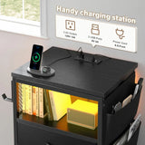 Raybee Tall Nightstand with Charging Station & Light,Modern Nightstand for Bedroom