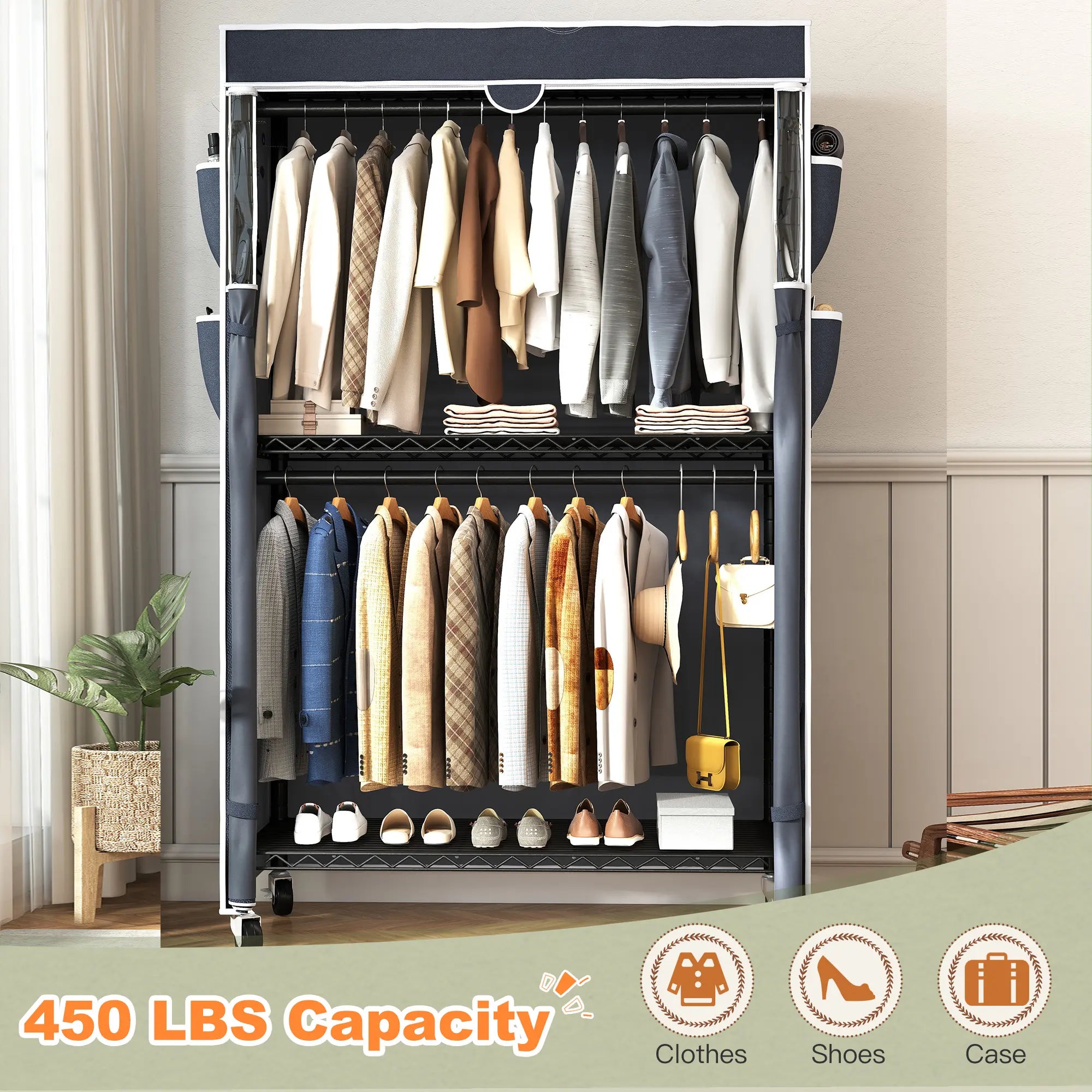 Raybee 81" H Rolling Garment Rack on Cover,445lbs Portable Closet & Adjustable Clothing Rack with Wheels For Bedroom