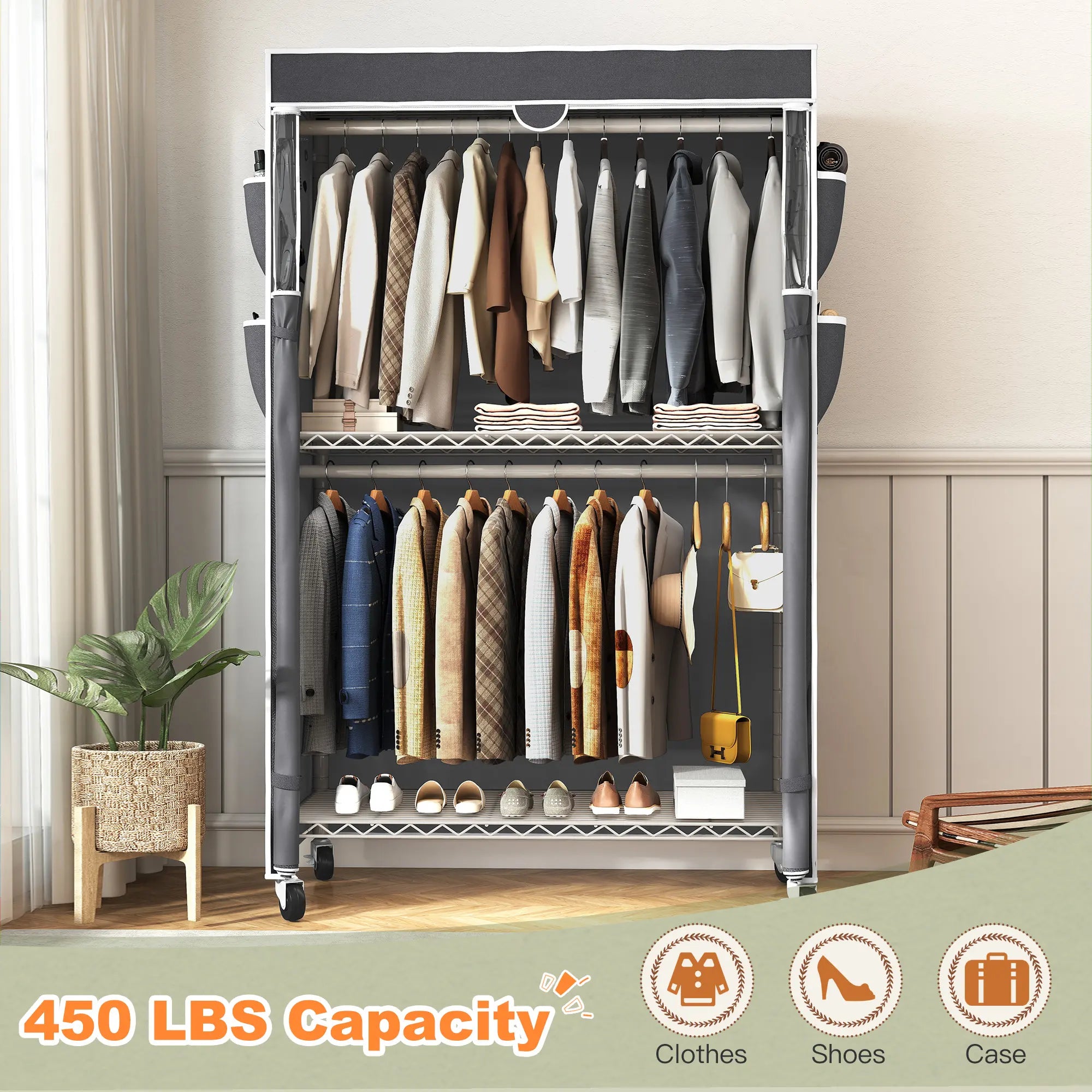 Raybee 81" H Rolling Garment Rack on Cover,445lbs Portable Closet & Adjustable Clothing Rack with Wheels For Bedroom