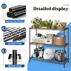 Reibii 3-Shlef Metal Shelves, Adjustable Steel Wire Shelving Units, Storage Rack for Kitchen Pantry Closet Dorm