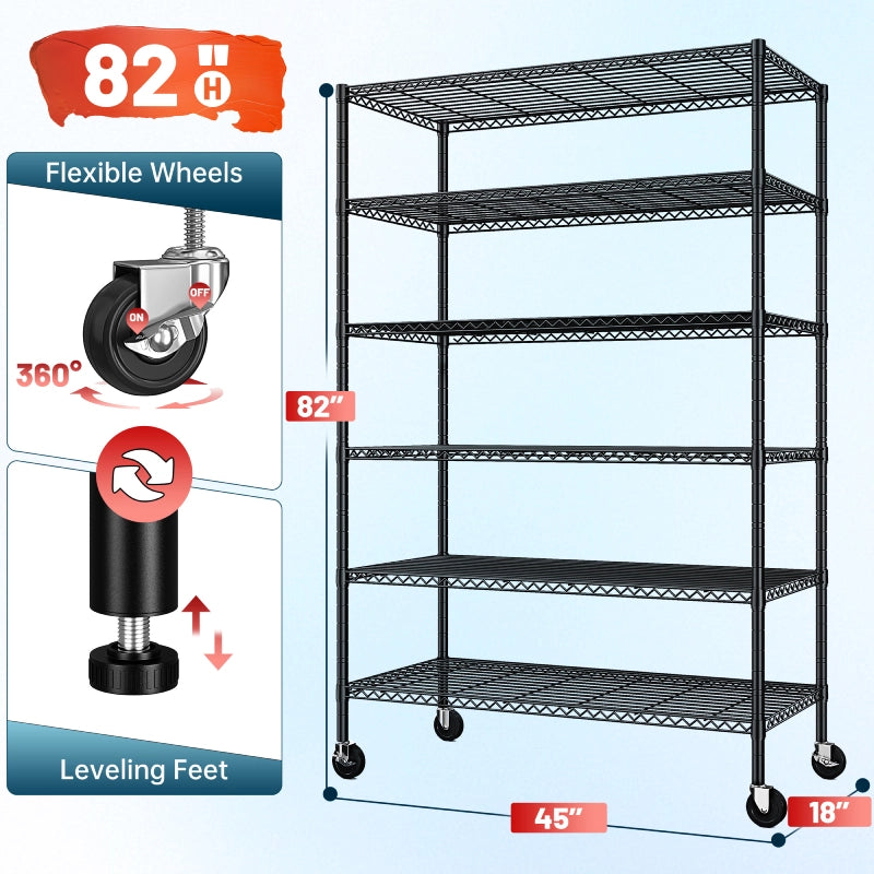 Reibii45Wx82HAdjustableWireShelvingwithWheels