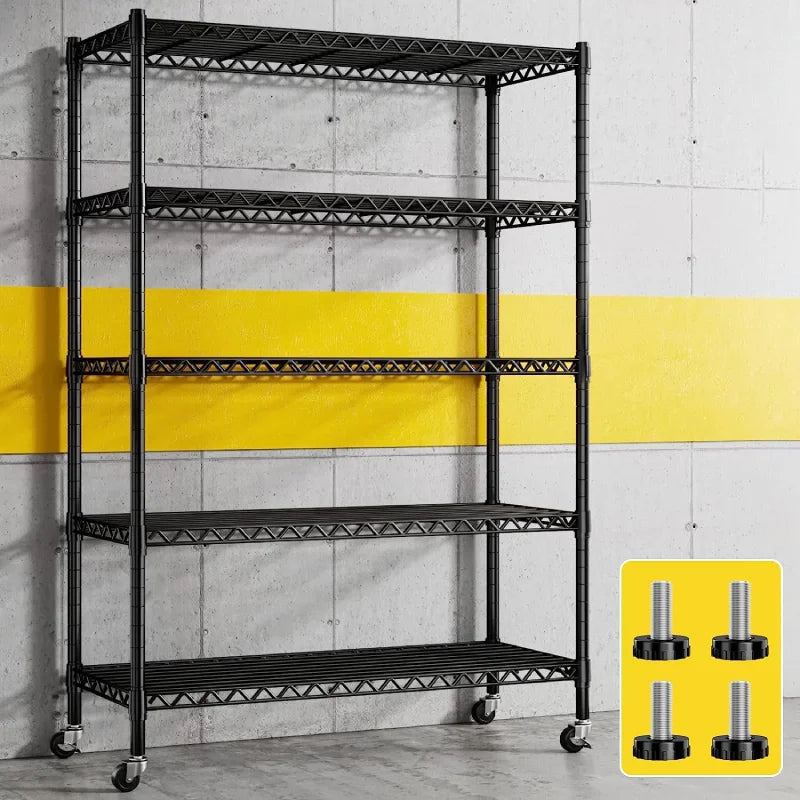 REIBII 5 Tier Wire Shelving, Metal Shelving Unit With Wheels, 1780 Lbs Wire Racks For Storage, Adjustable Heavy Duty Garage Shelving