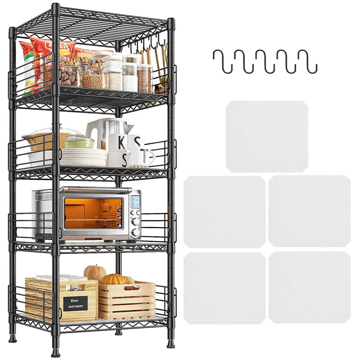 Reibii 5-Tier 18.1" W Metal Wire Storage Shelving Unit, 330 LBS Capacity Adjustable Rack with Side Rails & Hanging Hooks, Multi-Scene Organizer for Kitchen Bathroom Pantry Garage Laundry Room