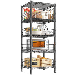 Reibii 5-Tier 18.1" W Metal Wire Storage Shelving Unit, 330 LBS Capacity Adjustable Rack with Side Rails & Hanging Hooks, Multi-Scene Organizer for Kitchen Bathroom Pantry Garage Laundry Room