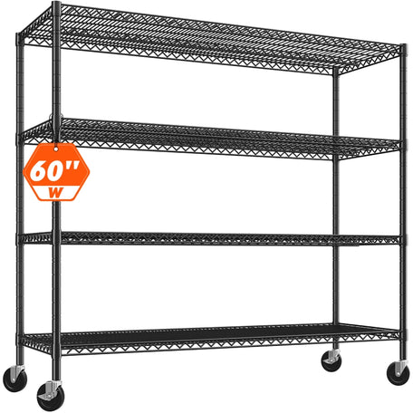 Reibii 60" W × 24" D Wire Storage Shelves, Rolling heavy duty shelves, Adjustable Metal Shelves Load 2878 lbs,Storage Shelves for Garage Closet Pantry Basement