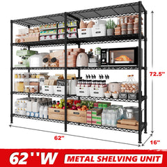 REIBII 62" W Wire Shelving Units Load 1550lbs, 5-Tier Metal L Shaped Shelves, Adjustable Shelving Rack for Pantry Kitchen Closet