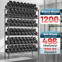 Reibii 6-Tier 45" W Wire Shelving with Wheels, Adjustable Steel Shelves Load 1200LBS, Storage Racks for Kitchen Pantry Closet