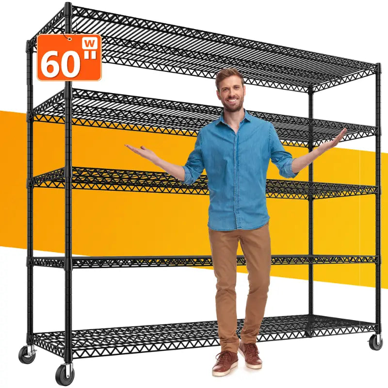Reibii 60" W x 73" H Wire Storage Shelves on Wheels, 5-Shelf Adjustable, 3200lbs Heavy Duty Metal Shelving for Garage Kitchen Pantry