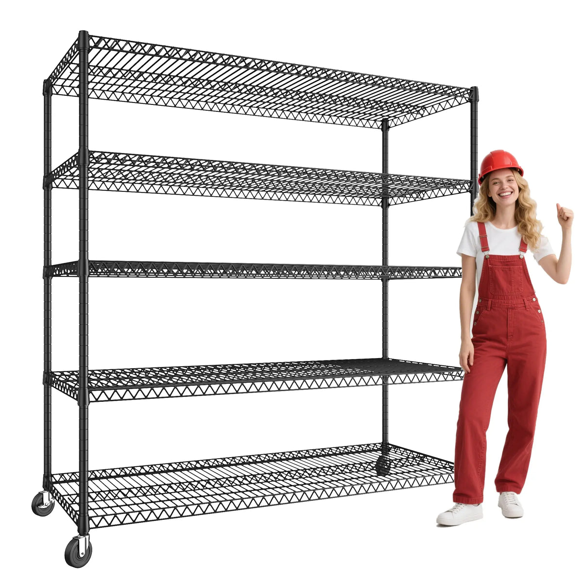 Reibii 60" W x 73" H Wire Storage Shelves on Wheels, 5-Shelf Adjustable, 3200lbs Heavy Duty Metal Shelving for Garage Kitchen Pantry