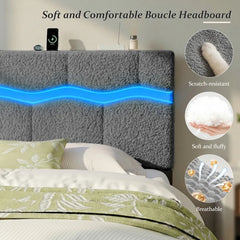 Reibii Boucle Bed Frame with LED Lights & Charging Station, 880 LBS, Modern Wave Design, Noise-Free, Easy Assembly