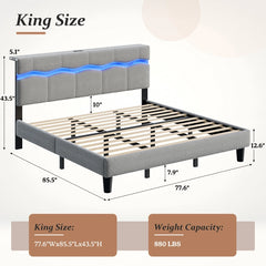 Reibii Boucle Bed Frame with LED Lights & Charging Station, 880 LBS, Modern Wave Design, Noise-Free, Easy Assembly