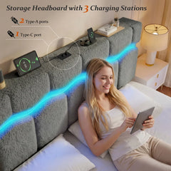 Reibii Boucle Bed Frame with LED Lights & Charging Station, 880 LBS, Modern Wave Design, Noise-Free, Easy Assembly