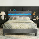 Reibii Boucle Bed Frame with LED Lights & Charging Station, 880 LBS, Modern Wave Design, Noise-Free, Easy Assembly