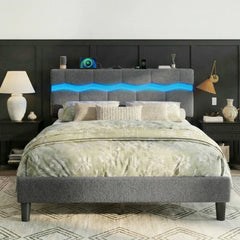 Reibii Boucle Bed Frame with LED Lights & Charging Station, 880 LBS, Modern Wave Design, Noise-Free, Easy Assembly