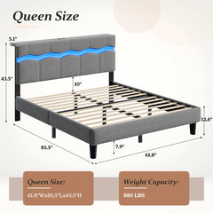 Reibii Boucle Bed Frame with LED Lights & Charging Station, 880 LBS, Modern Wave Design, Noise-Free, Easy Assembly