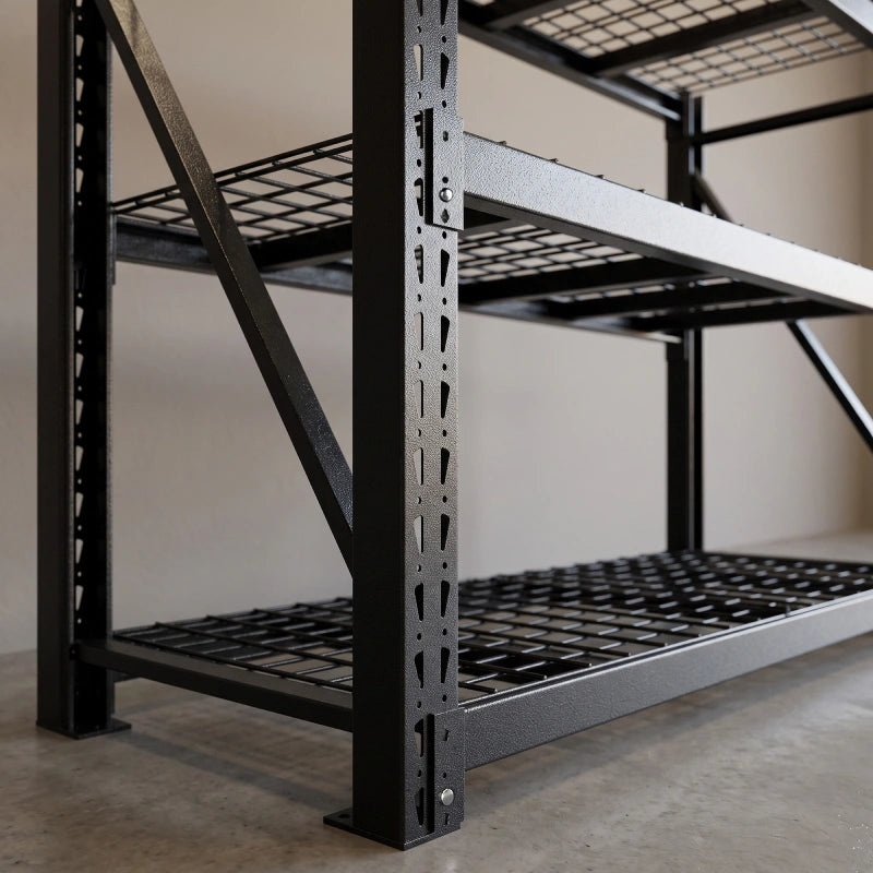 Heavy duty storage shelving with adjustable steel posts, reinforced support beams, and industrial metal frame for garage, warehouse, and workshop organization.