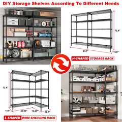 REIBII 62" W Wire Shelving Units Load 1550lbs, 5-Tier Metal L Shaped Shelves, Adjustable Shelving Rack for Pantry Kitchen Closet
