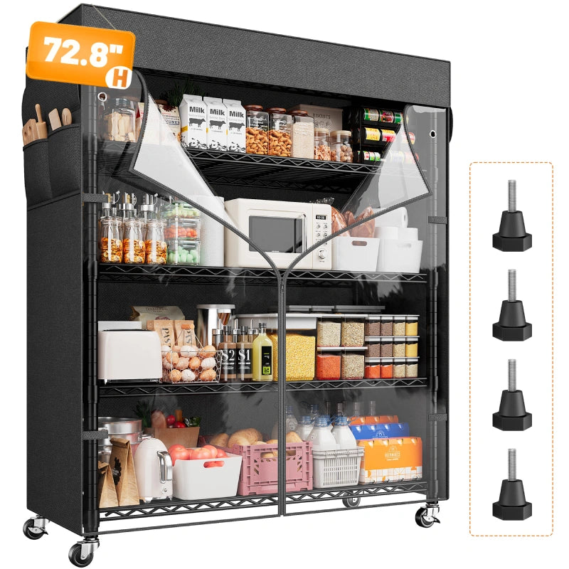 REIBII 35" W Metal Wire Shelf with Covers & Wheels, 5-Tier Adjustable Wire Storage Racks for Closet Kitchen Basement