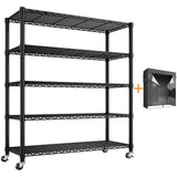 REIBII 35"W Metal Wire Shelving with Wheels& Cover, 5-Tier Adjustable Wire Storage Shelving for Closet Kitchen Pantry