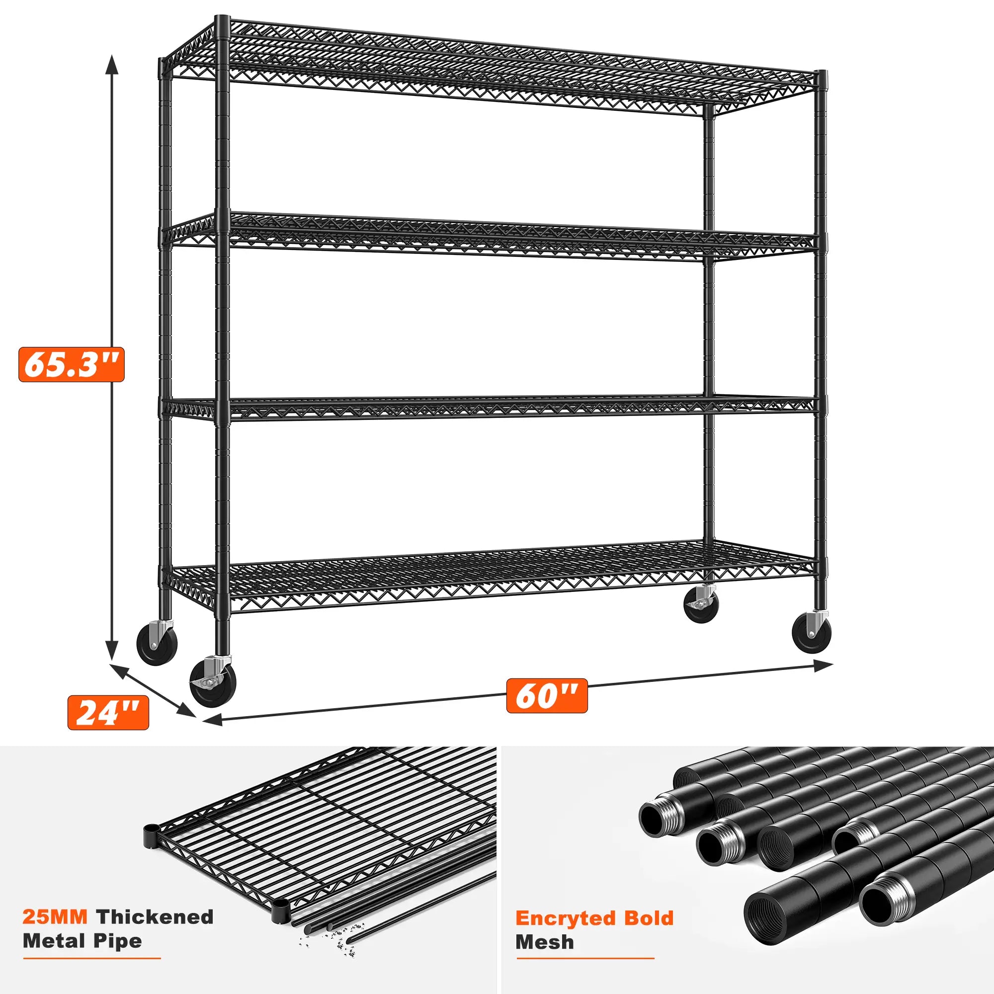 Reibii Rolling heavy duty shelves, Adjustable Metal Shelves Load 2878 lbs,60" W x 24" D Wire Storage Shelves,