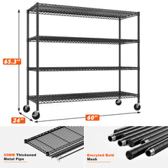 Reibii Rolling heavy duty shelves, Adjustable Metal Shelves Load 2878 lbs,60" W x 24" D Wire Storage Shelves,