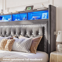 Reibii Velvet Floating Bed Frame, High Headboard with Smart LED Lights & Charging Station, No Box Spring Needed, Easy Assembly, Noise-Free