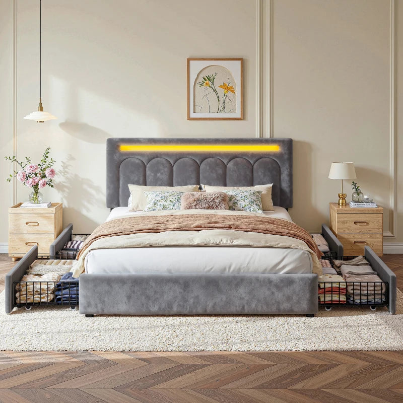 Reibii Velvet Upholstered Bed Frame with LED Lights, 4 Storage Drawers & Adjustable Headboard, 1000 lbs Heavy-Duty Support, Easy Assembly