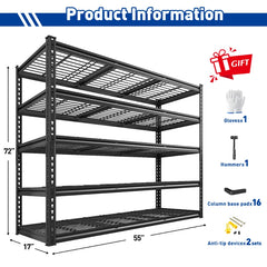 Reibii 55" W Heavy Duty Garage Shelving, 5-Tier Adjustable Storage Shelves, 2800 Lbs Capacity Steel Shelf, Split Into 2 Units, Basement Warehouse Kitchen